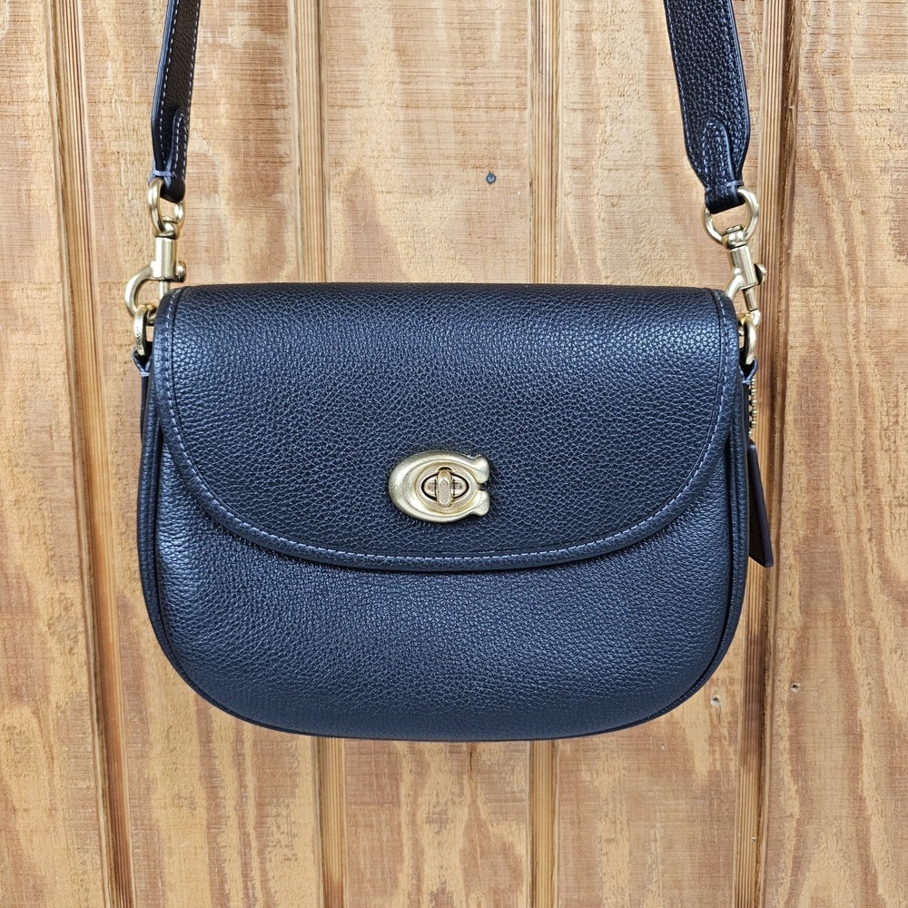Coach Willow Saddle Bag Black Pebble Leather Crossbody Gold Turn lock CA094